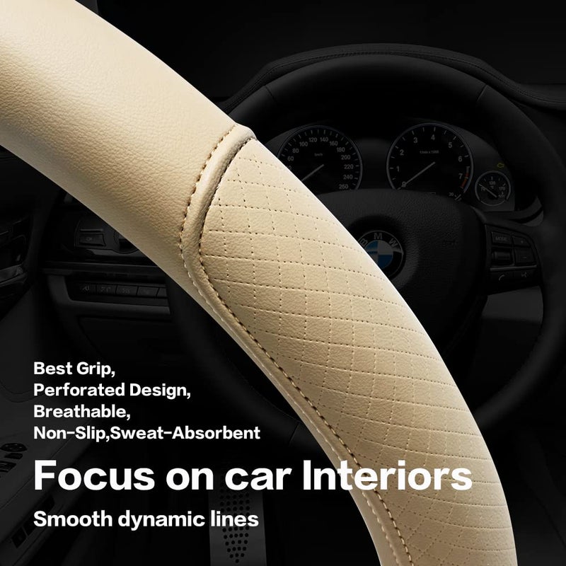 VARGTR Microfiber Leather Steering Wheel Cover with Classic Embossing, Anti-Slip Breathable Auto Car Wheel Protector, Fit 15 Inch (Beige) - Image 5