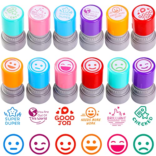 Retainbre 12 Sorted Teacher Stamps for Classroom, Self-Inking Rubber Colorful Teacher Stamps for Grading Homework, Mood Expressions Stamps for Office Stationery Encouraging Comments - Image 1