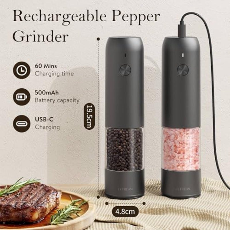 Electric Pepper Grinder and Salt Mill Set Rechargeable with Type-C LED Light One-Hand Operation 6 Adjustable Coarseness 70ml Capacity - Image 4