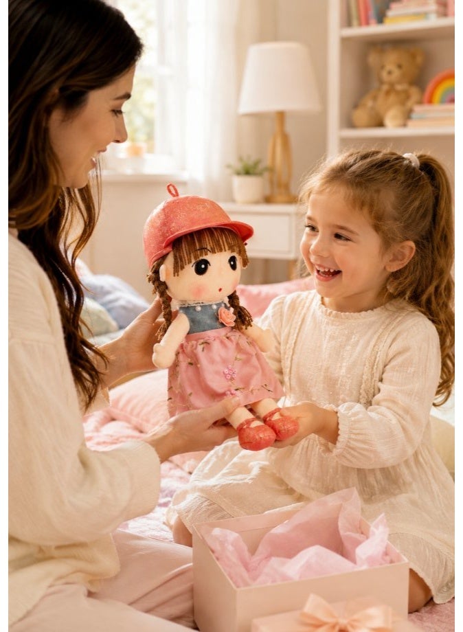 DAT Soft Plush Girl Doll with Embroidered Floral Dress, Glitter Cap & Yarn Hair 45cm – Pink, Green, Blue - Image 3