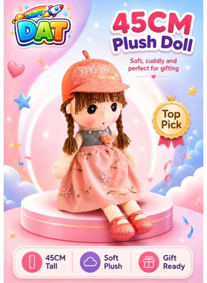DAT Soft Plush Girl Doll with Embroidered Floral Dress, Glitter Cap & Yarn Hair 45cm – Pink, Green, Blue - Image 1