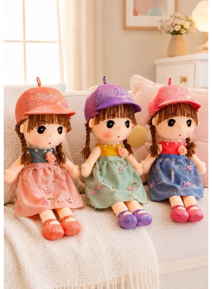 DAT Soft Plush Girl Doll with Embroidered Floral Dress, Glitter Cap & Yarn Hair 45cm – Pink, Green, Blue - Image 2