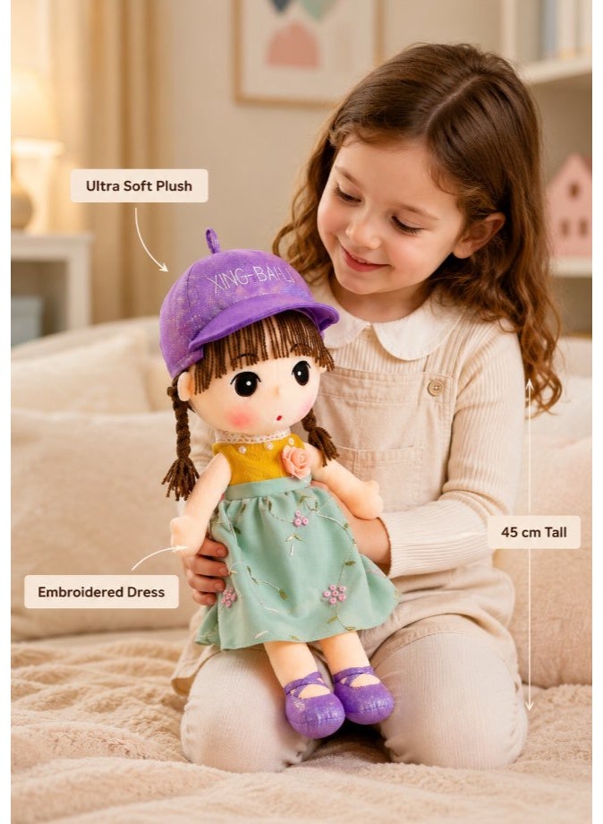 DAT Soft Plush Girl Doll with Embroidered Floral Dress, Glitter Cap & Yarn Hair 45cm – Pink, Green, Blue - Image 5