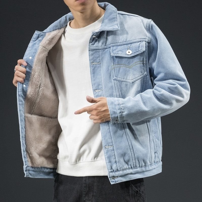 Denim Jacket Mens Korean-style Fashionable Autumn and Winter fleece-lined Thickened Loose Fashionable Brand Brand New Style Handsome Jacket Warm Work Jacket light blue fleece-lined Four-Pocket Coat