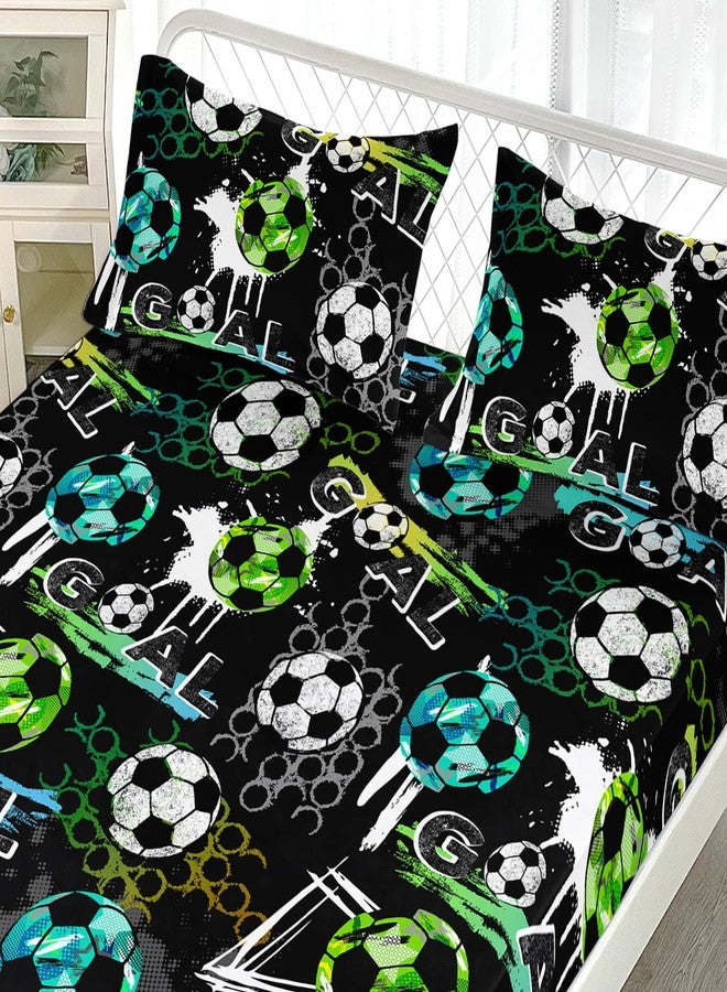 AILONEN Sports Theme Fitted Sheet Set for Child Boys Girls Twin Size 3Pcs, Soccer Ball Pattern Bed Sheet Set,Blue Green White Football Pattern Bedding Sets,1 Bedsheets + 2 Pillowcases - Image 4