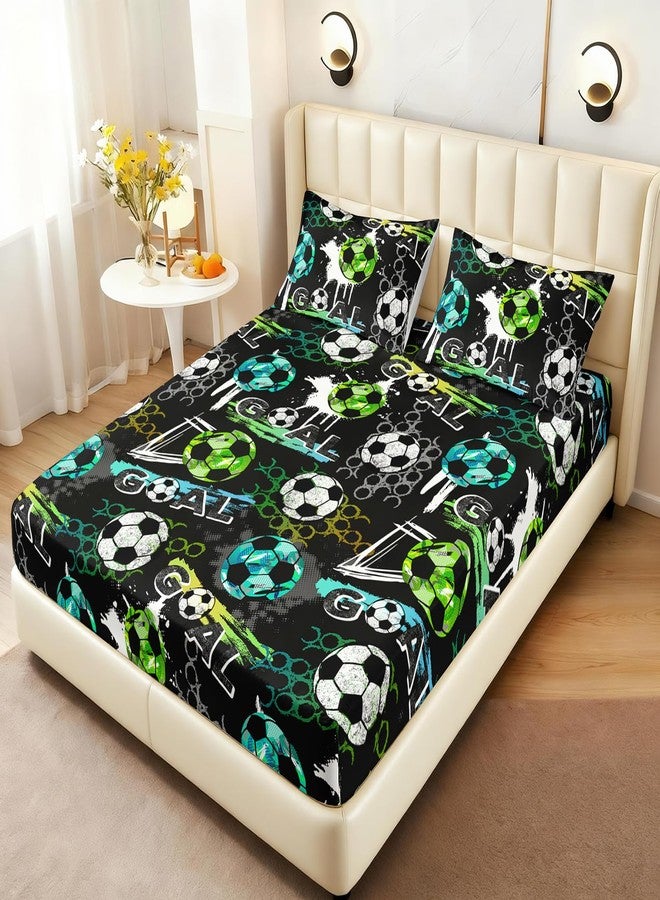 AILONEN Sports Theme Fitted Sheet Set for Child Boys Girls Twin Size 3Pcs, Soccer Ball Pattern Bed Sheet Set,Blue Green White Football Pattern Bedding Sets,1 Bedsheets + 2 Pillowcases - Image 2