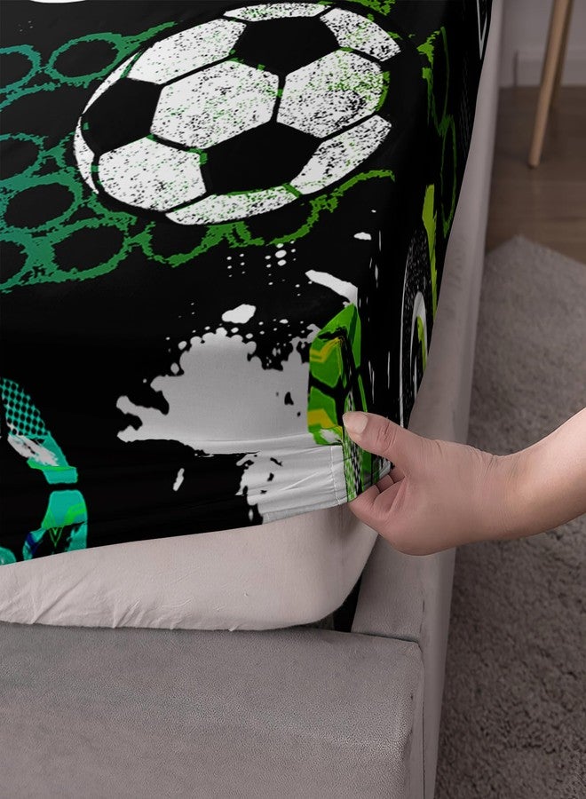 AILONEN Sports Theme Fitted Sheet Set for Child Boys Girls Twin Size 3Pcs, Soccer Ball Pattern Bed Sheet Set,Blue Green White Football Pattern Bedding Sets,1 Bedsheets + 2 Pillowcases - Image 3