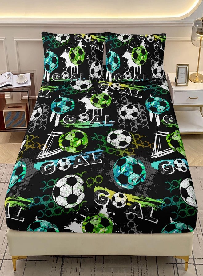 AILONEN Sports Theme Fitted Sheet Set for Child Boys Girls Twin Size 3Pcs, Soccer Ball Pattern Bed Sheet Set,Blue Green White Football Pattern Bedding Sets,1 Bedsheets + 2 Pillowcases - Image 1