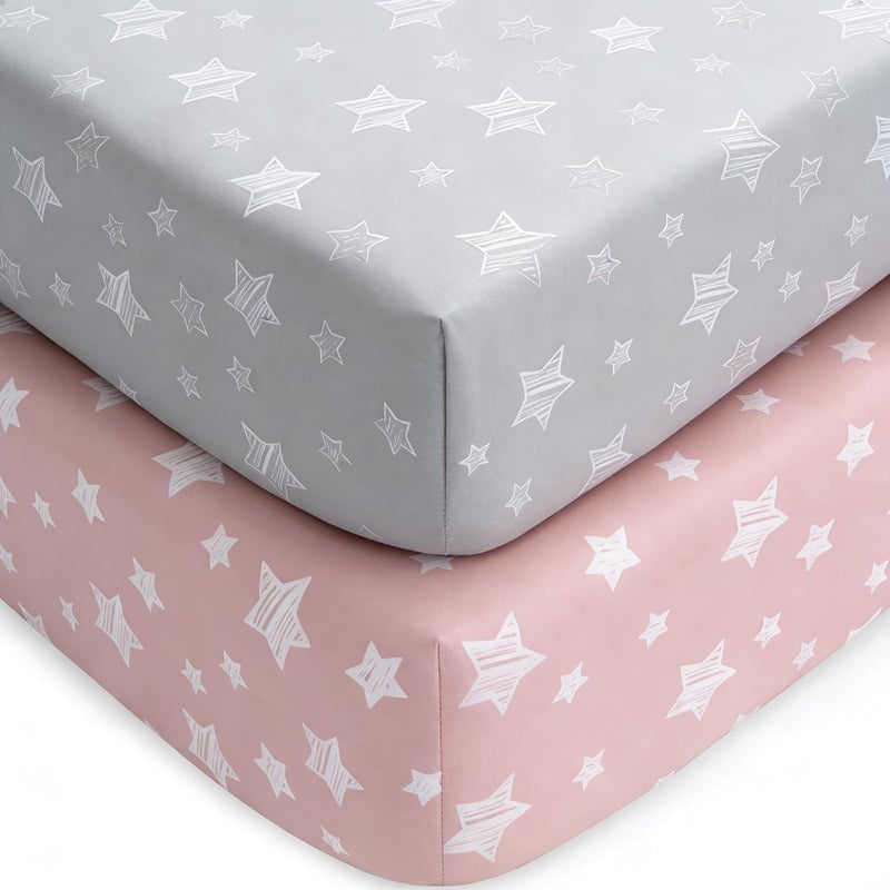 KASTWAVE Baby Crib Sheets, 2-Pack Fitted Crib Sheet Set in Grey & Pink - Image 1