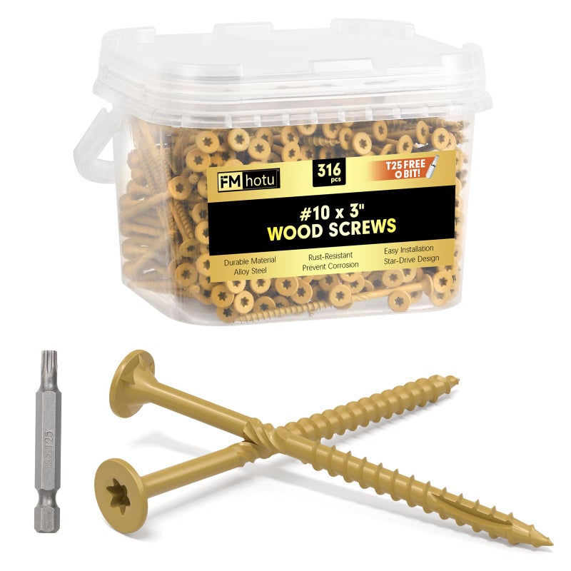 FMhotu #10 x 3â€ Deck Screws, 316Pcs Star Drive Wood Screws, Rust Resistant Timber Screws for Timber/Log/Landscaping Wood, T25 Star Bit Included, Yellow - Image 1