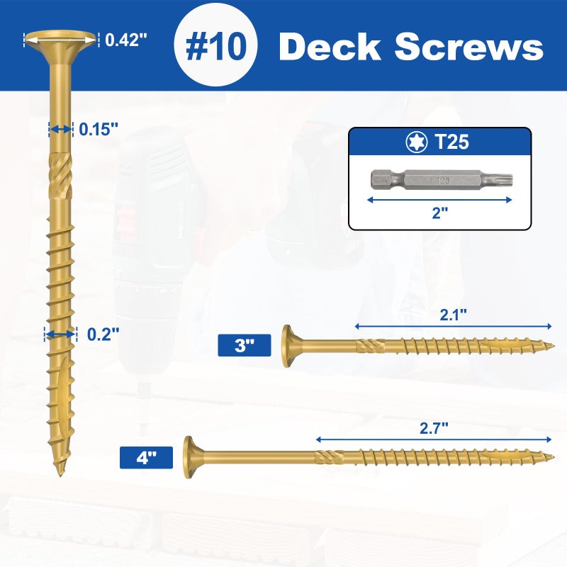 FMhotu #10 x 3â€ Deck Screws, 316Pcs Star Drive Wood Screws, Rust Resistant Timber Screws for Timber/Log/Landscaping Wood, T25 Star Bit Included, Yellow - Image 2