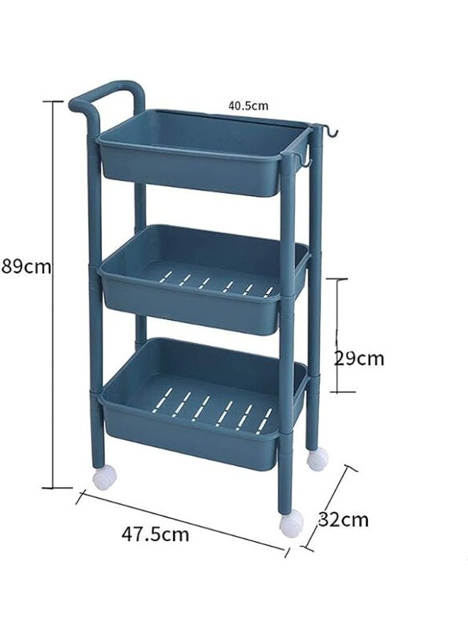 Rolling Cart: 3-Tier Cart Storage Rack with One-Sided Armrest Plastic Lightweight Storage Trolley with 360 Degree Wheels Mobile Serving Cart with 2 Side Hooks Utility cart, blue - Image 2