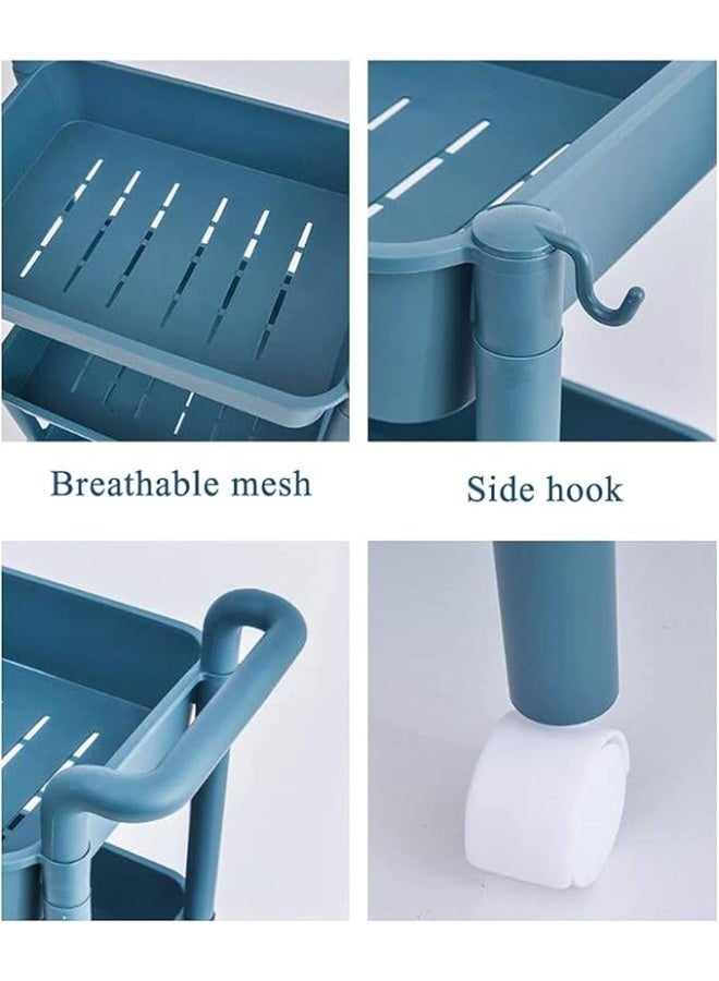 Rolling Cart: 3-Tier Cart Storage Rack with One-Sided Armrest Plastic Lightweight Storage Trolley with 360 Degree Wheels Mobile Serving Cart with 2 Side Hooks Utility cart, blue - Image 3