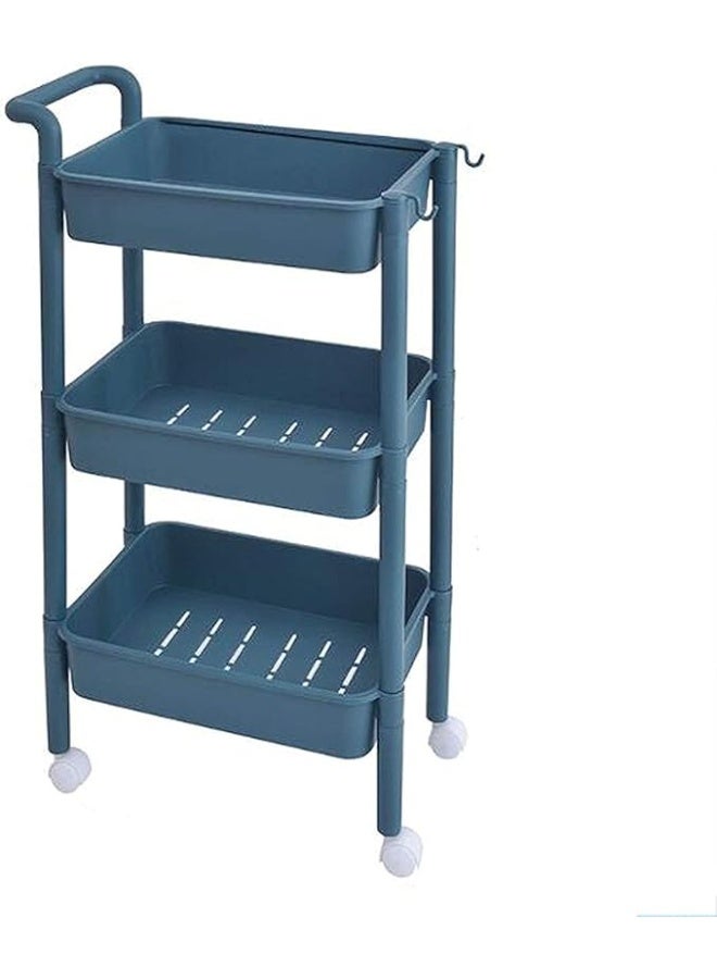 Rolling Cart: 3-Tier Cart Storage Rack with One-Sided Armrest Plastic Lightweight Storage Trolley with 360 Degree Wheels Mobile Serving Cart with 2 Side Hooks Utility cart, blue - Image 1