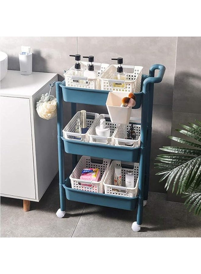 Rolling Cart: 3-Tier Cart Storage Rack with One-Sided Armrest Plastic Lightweight Storage Trolley with 360 Degree Wheels Mobile Serving Cart with 2 Side Hooks Utility cart, blue - Image 4
