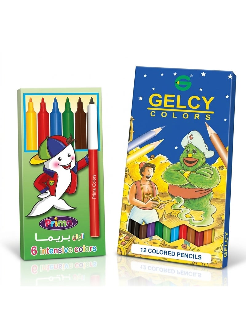 بريما طقم أدوات الرسم والتلوين للأطفال: أقلام تلوين خشبية طويلة (12 لوناً) مع أقلام فلوماستر (6 ألوان) - Image 1
