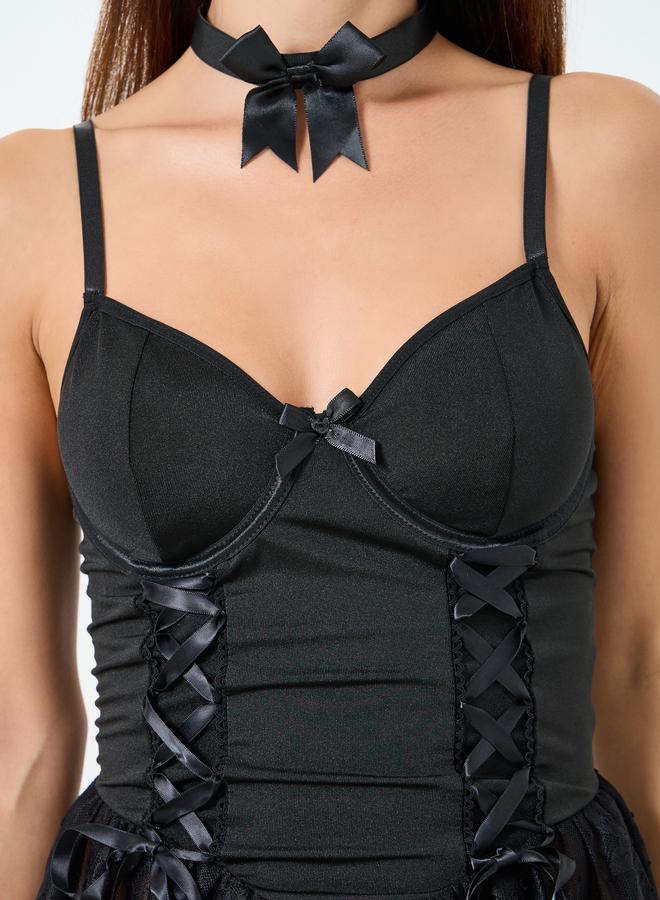 Take Two Tie-Up Lace Trim Wired Corset Top, Brief, Stockings and Bow Necklace Set - Image 3