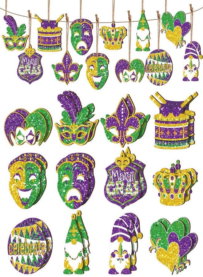 Ferraycle 36 Pcs Mardi Gras Decorations Glitter Wooden Mardi Gras Ornaments Gnome Crown Mask Gold Green Purple Hanging Carnival Home Decor for Carnival Party Holiday Supplies, 12 Styles - Image 1