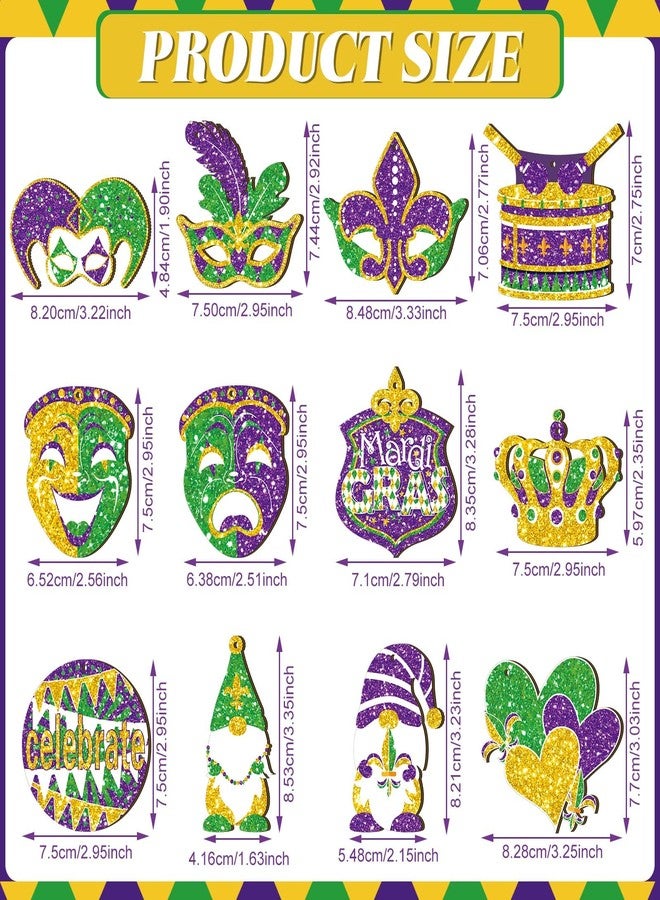 Ferraycle 36 Pcs Mardi Gras Decorations Glitter Wooden Mardi Gras Ornaments Gnome Crown Mask Gold Green Purple Hanging Carnival Home Decor for Carnival Party Holiday Supplies, 12 Styles - Image 2