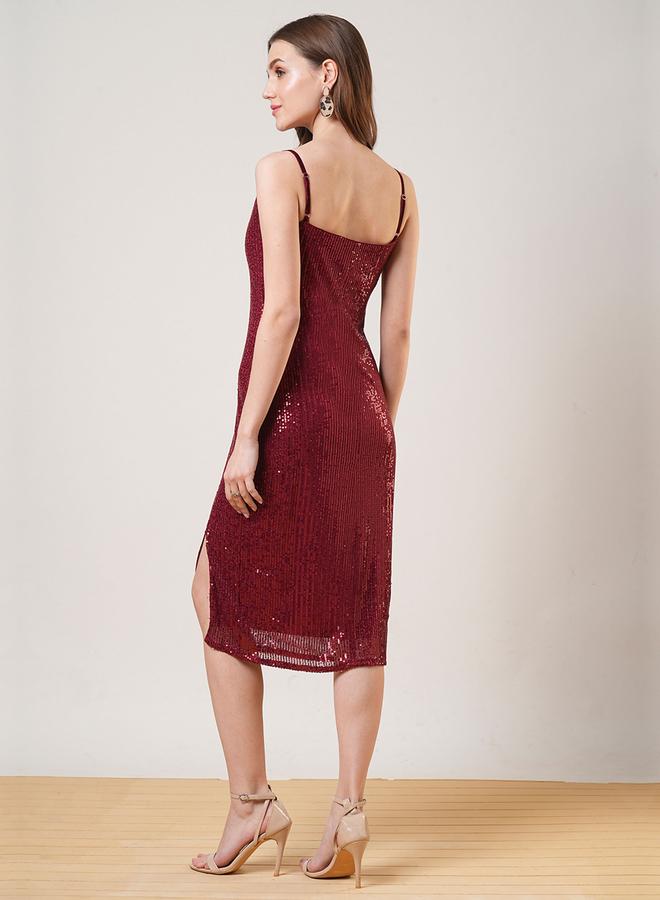 globus Maroon Cowl Neck Strappy Sequined Midi Dress - Image 3