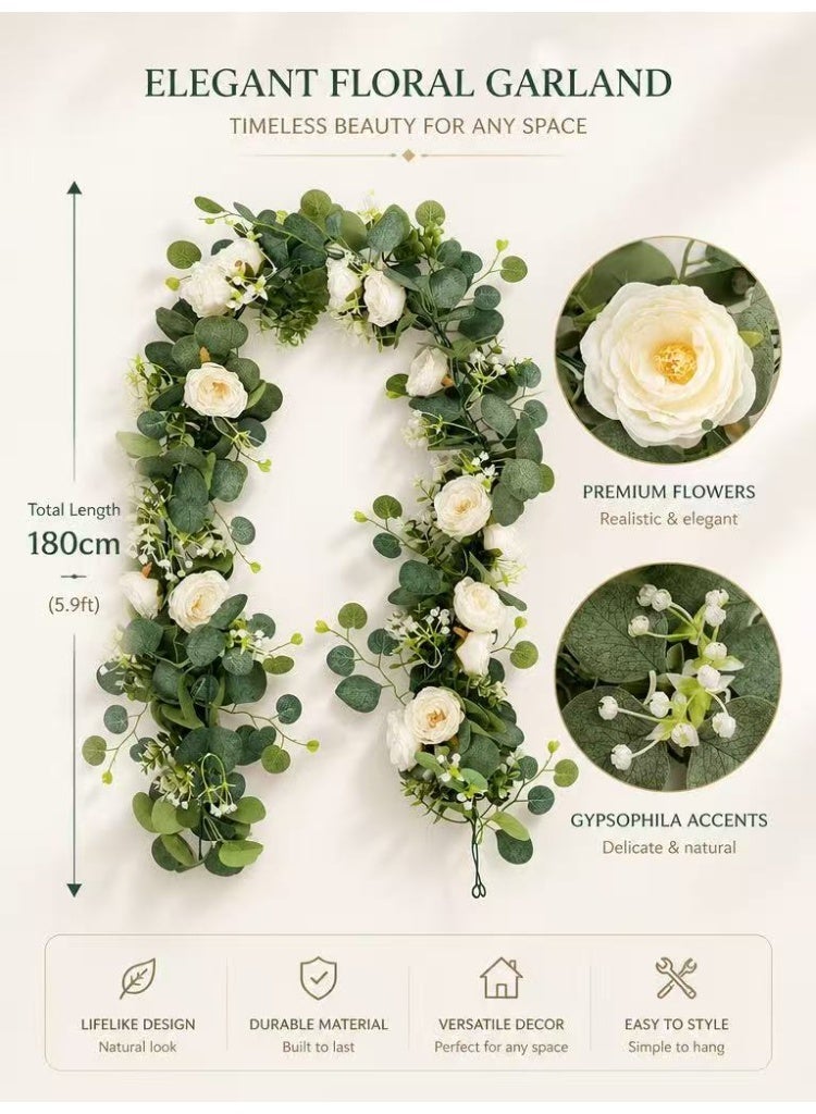 Ayshal Artificial Eucalyptus Garland with Flowers,Fake Rose Garland, Faux Floral Garland Greenery Garland For Wedding Spring Home Party Craft Art Table Runner Decor - Image 2