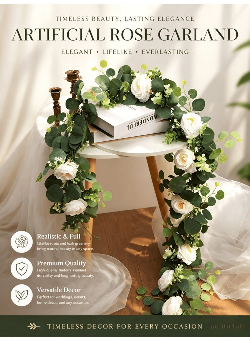 Ayshal Artificial Eucalyptus Garland with Flowers,Fake Rose Garland, Faux Floral Garland Greenery Garland For Wedding Spring Home Party Craft Art Table Runner Decor - Image 1