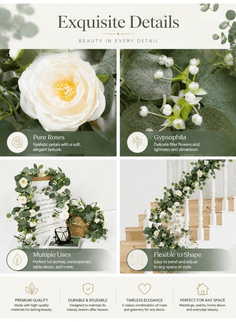 Ayshal Artificial Eucalyptus Garland with Flowers,Fake Rose Garland, Faux Floral Garland Greenery Garland For Wedding Spring Home Party Craft Art Table Runner Decor - Image 3