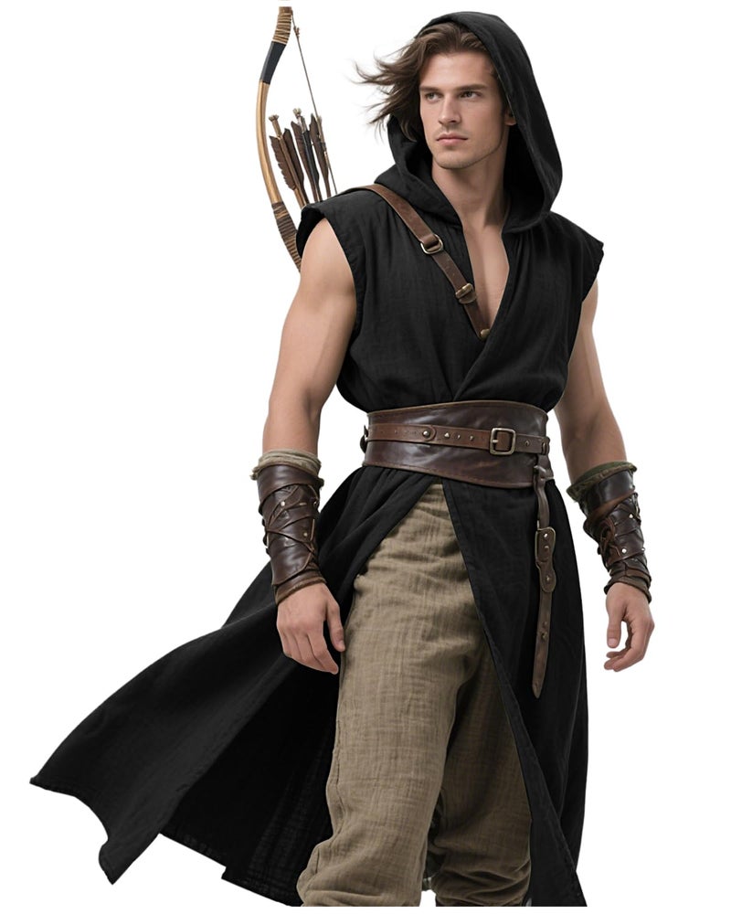 L'VOW Renaissance Hooded Surcoat Men's Medieval Sleeveless Tabard Tunic Vest Cloak for Viking Costume LARP Halloween Assassin Cosplay(Black,L) - Image 1