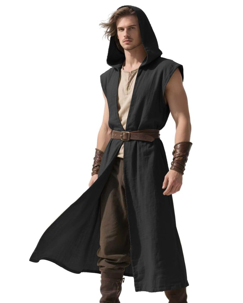 L'VOW Renaissance Hooded Surcoat Men's Medieval Sleeveless Tabard Tunic Vest Cloak for Viking Costume LARP Halloween Assassin Cosplay(Black,L) - Image 5