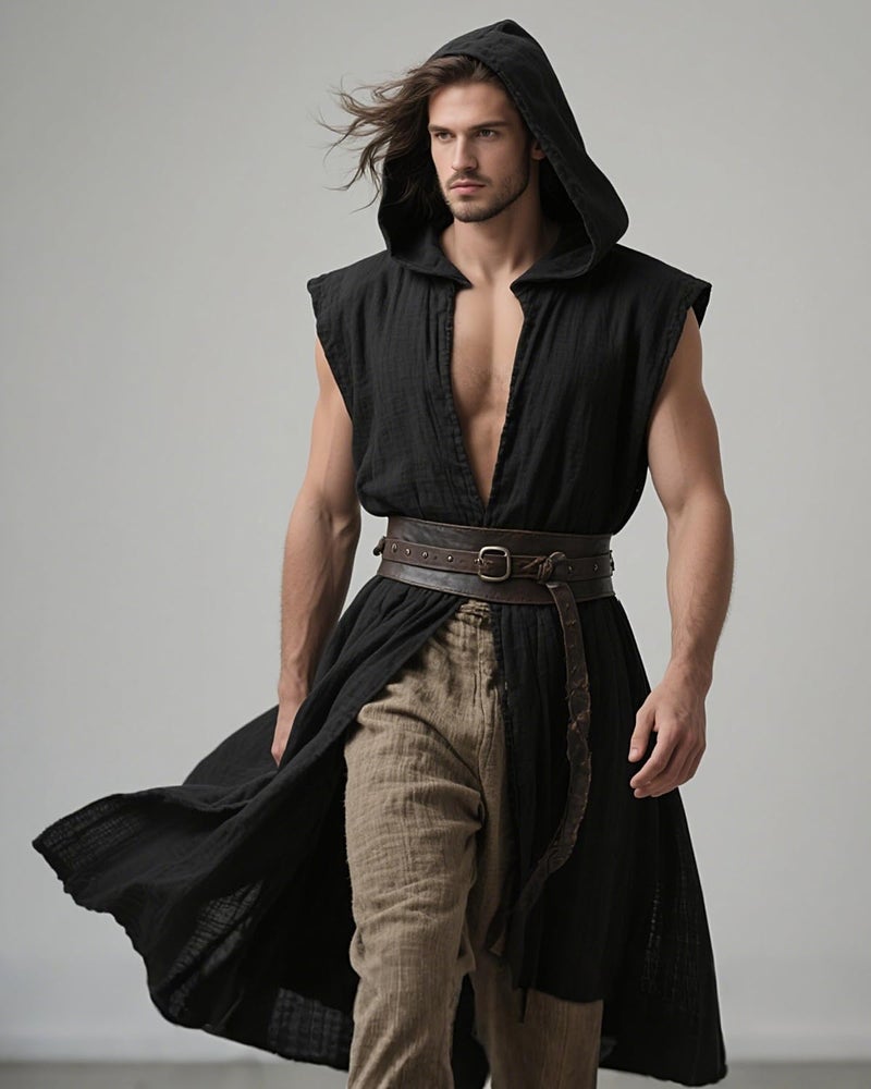 L'VOW Renaissance Hooded Surcoat Men's Medieval Sleeveless Tabard Tunic Vest Cloak for Viking Costume LARP Halloween Assassin Cosplay(Black,L) - Image 3