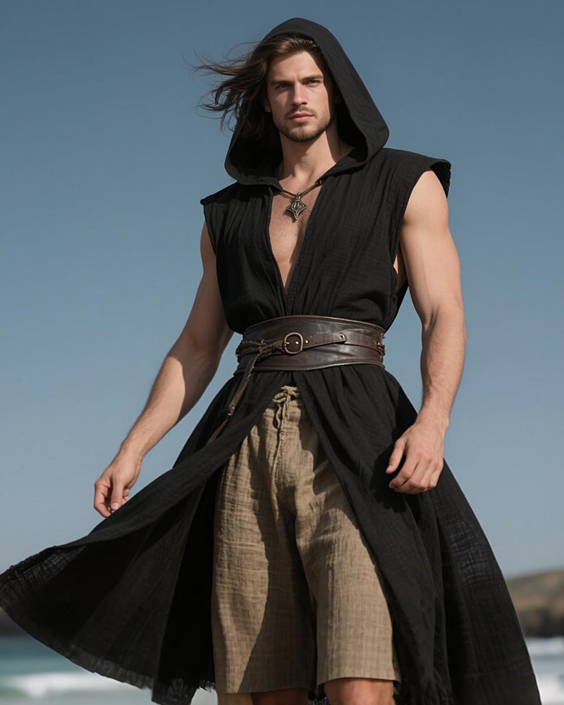 L'VOW Renaissance Hooded Surcoat Men's Medieval Sleeveless Tabard Tunic Vest Cloak for Viking Costume LARP Halloween Assassin Cosplay(Black,L) - Image 4