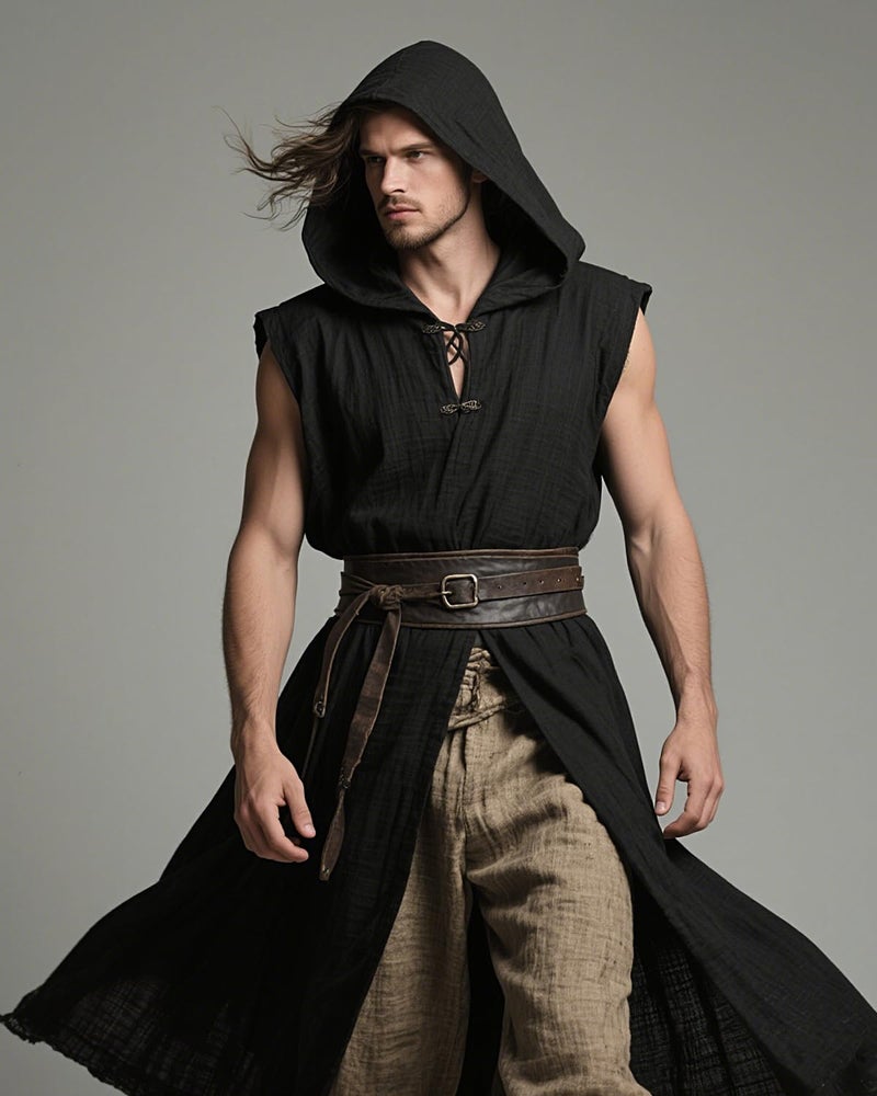 L'VOW Renaissance Hooded Surcoat Men's Medieval Sleeveless Tabard Tunic Vest Cloak for Viking Costume LARP Halloween Assassin Cosplay(Black,L) - Image 2