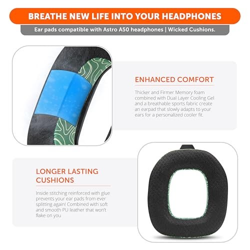 WC Mod Kit A50 - Cooling Gel Earpads + Headband Replacement for Astro A50 Gen 4, Gen 5 & A50X by Wicked Cushions | Enhanced Comfort, Cooling & Durability | Emerald Tide - Image 4