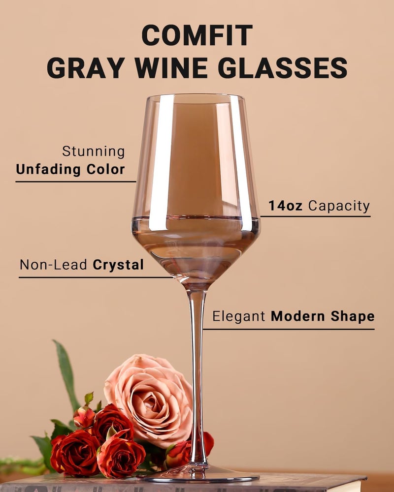 COMFIT Smokey GrayGrey Wine Glasses Set of 614 oz Gray Kitchen Accessories Unfading Color Handblown Colored Wine Glasses  Gifts for Wine Lovers Mothers Day Wedding Birthday Gifts - Image 2