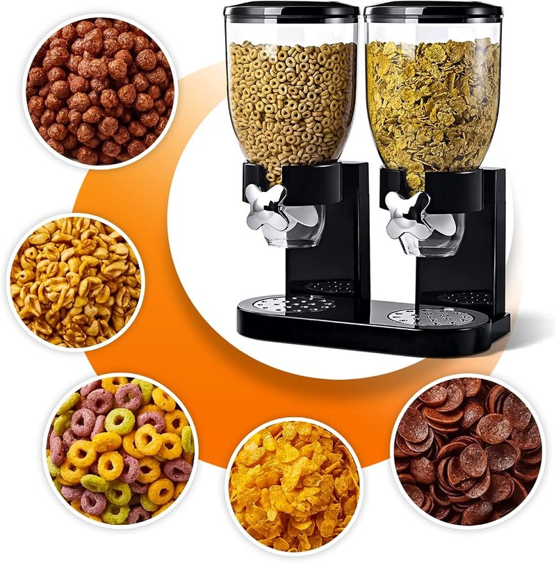 1 Crystals موزع حبوب مزدوج مع حاويات محكمة الإغلاق - موزع تخزين حبوب بلاستيكي مع غطاء - موزع تخزين الأطعمة الجافة للمطبخ - مثالي لرقائق الذرة والحلوى والمكسرات والفاصوليا (أسود) - Image 3