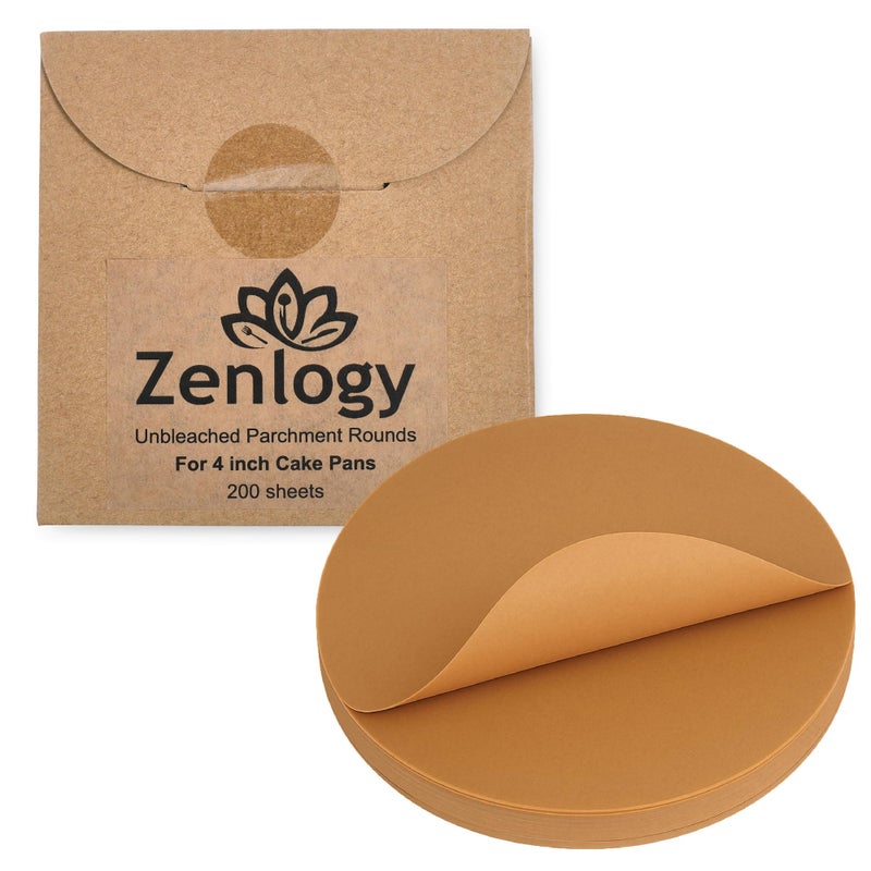 Zenlogy 4 Inch Small Parchment Paper Rounds 200 Sheets Unbleached Precut High Heat Round Liners Fits 4 inch Small Round Pans or Great for Lining Freezing and Storing and Separating