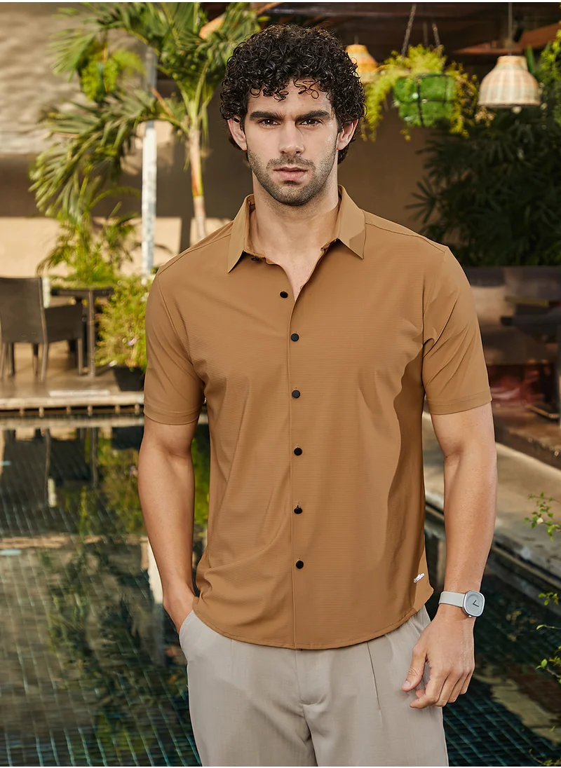 Campus Sutra Men's Tan Brown Seamless Waffle Shirt