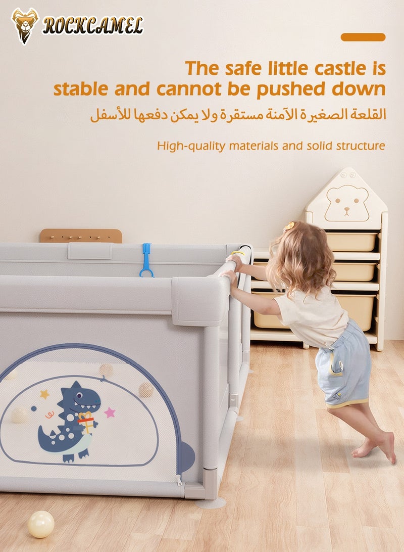 ROCKCAMEL Baby Playpen Fence with 3 Toddler Toys & 60 Ocean Balls, Infant Portable Play Yard with Suction Cups, Removable Washable Mesh, Indoor & Outdoor Kids Activity Center (Grey, 180 x 200cm) - Image 2