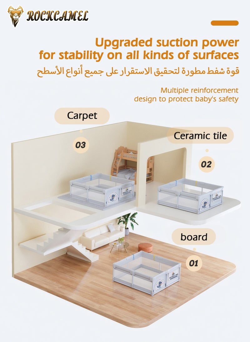 ROCKCAMEL Baby Playpen Fence with 3 Toddler Toys & 60 Ocean Balls, Infant Portable Play Yard with Suction Cups, Removable Washable Mesh, Indoor & Outdoor Kids Activity Center (Grey, 180 x 200cm) - Image 3