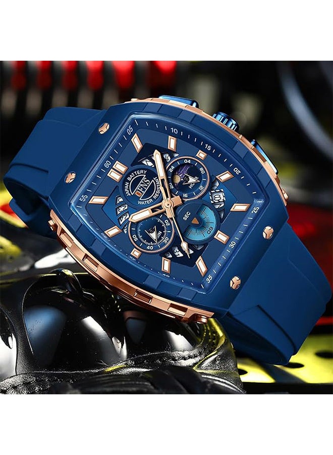 Men Watch Chronograph Analogue Sport Waterproof Running Stopwatch Tonneau Watches for Men Luminous Moon Phase Display Quartz Wrist Watch - Image 3