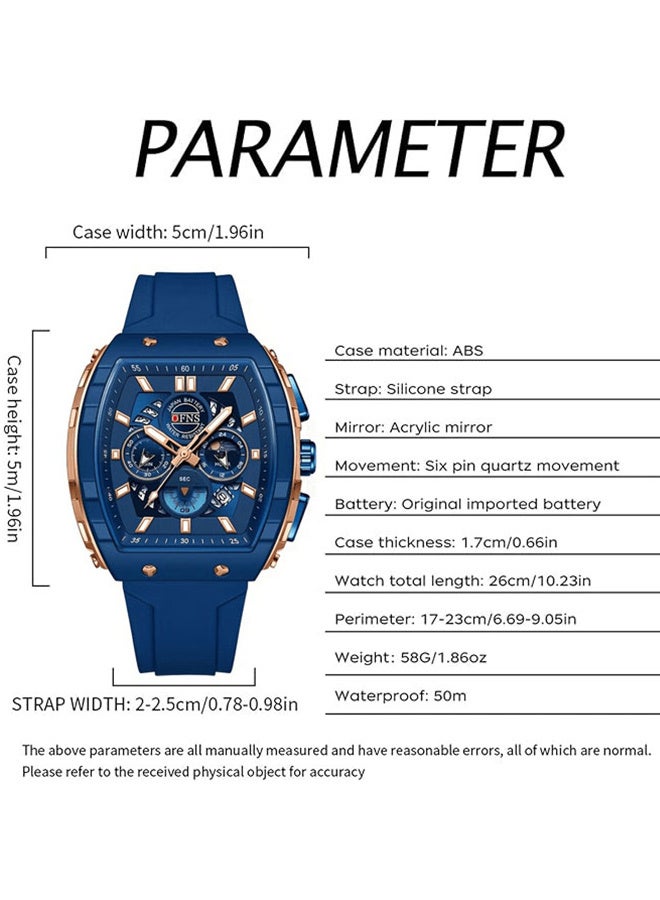 Men Watch Chronograph Analogue Sport Waterproof Running Stopwatch Tonneau Watches for Men Luminous Moon Phase Display Quartz Wrist Watch - Image 2