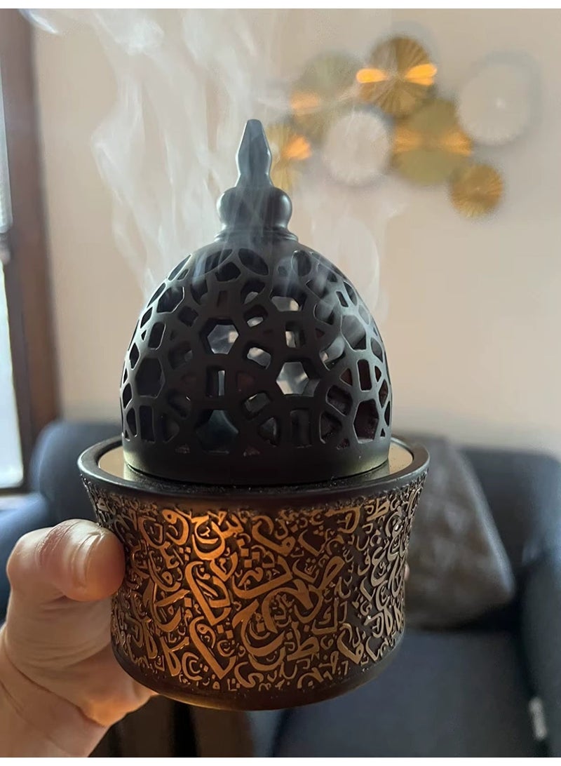 Premium Arabic Calligraphy Bakhoor Burner Black – Decorative Oud & Incense Holder with Brass Bowl – Traditional Charcoal Mabkhara for Home, Office & Majlis – Elegant Gift Idea - Image 2
