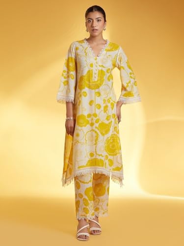 LookMark Women's Printed Cotton Blend Straight Kurta Pant Set with Lace - Comfortable Ethnic Wear for Women, Elegant Design, Suitable for Various Occasions (AZ-LM-OG-KS2118 Yellow-XXL) - Image 3