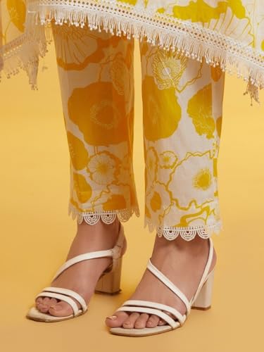 LookMark Women's Printed Cotton Blend Straight Kurta Pant Set with Lace - Comfortable Ethnic Wear for Women, Elegant Design, Suitable for Various Occasions (AZ-LM-OG-KS2118 Yellow-XXL) - Image 2