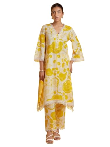 LookMark Women's Printed Cotton Blend Straight Kurta Pant Set with Lace - Comfortable Ethnic Wear for Women, Elegant Design, Suitable for Various Occasions (AZ-LM-OG-KS2118 Yellow-XXL) - Image 4