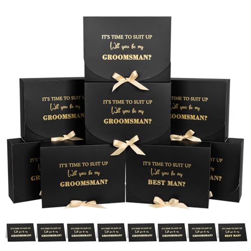WLUSEAXI Groomsmen Proposal Box with Cards, 10.6x7.9x3.1 Inch Gift Box with Ribbon, Will You Be My Groomsman Box for Best Man Proposal Set of 8 - Image 1