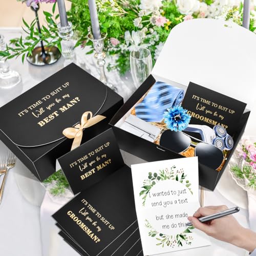 WLUSEAXI Groomsmen Proposal Box with Cards, 10.6x7.9x3.1 Inch Gift Box with Ribbon, Will You Be My Groomsman Box for Best Man Proposal Set of 8 - Image 3