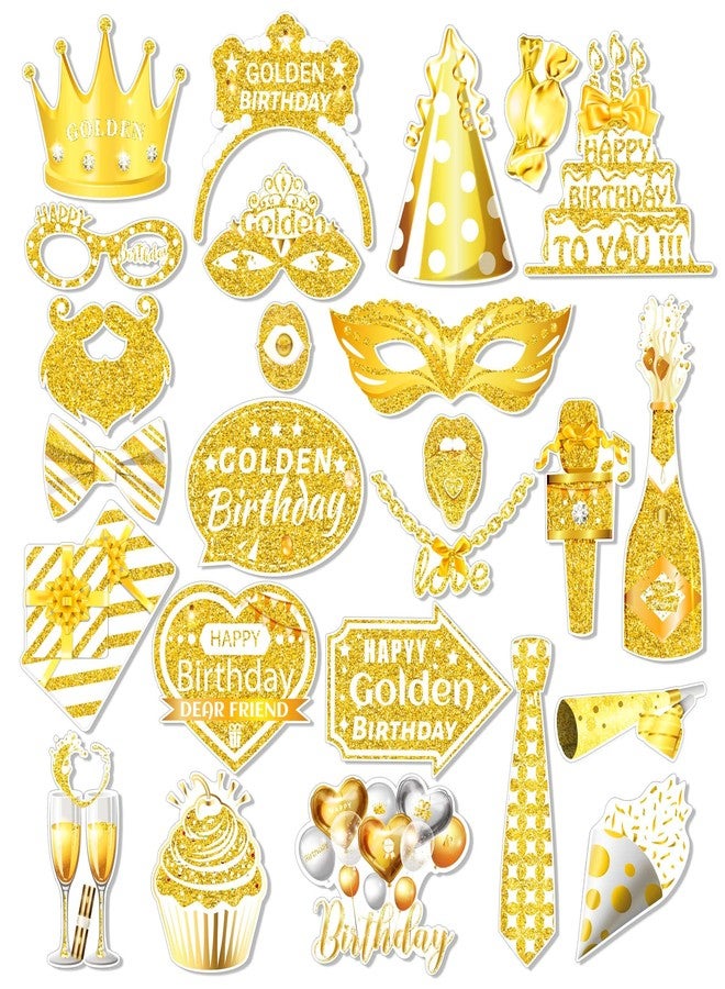 Lide Road 25 Pcs Golden Birthday Photo Booth Props for Birthday Party Decoration Supplies, Gold Glitter Stay Golden Theme Selfie Props Photography Backdrop Decorations for Birthdays Party Supplies - Image 2