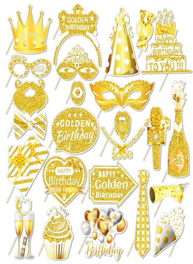 Lide Road 25 Pcs Golden Birthday Photo Booth Props for Birthday Party Decoration Supplies, Gold Glitter Stay Golden Theme Selfie Props Photography Backdrop Decorations for Birthdays Party Supplies - Image 1