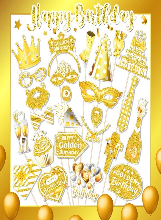 Lide Road 25 Pcs Golden Birthday Photo Booth Props for Birthday Party Decoration Supplies, Gold Glitter Stay Golden Theme Selfie Props Photography Backdrop Decorations for Birthdays Party Supplies - Image 3